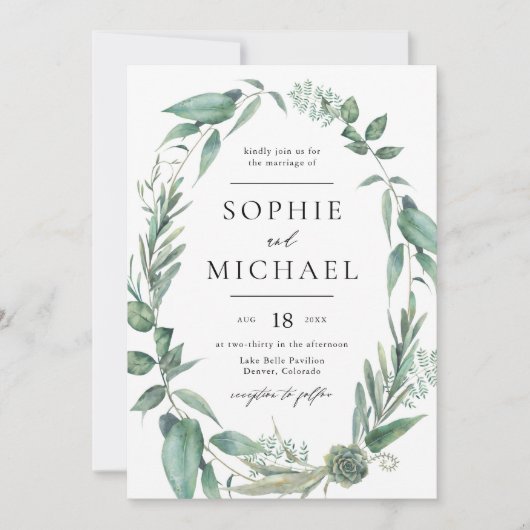 Boho Waterverf Greenery en Succulents Wedding Kaart (Voorkant)