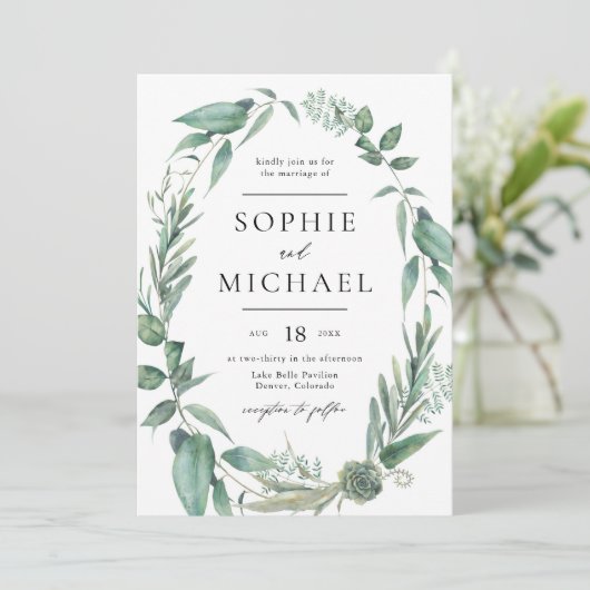 Boho Waterverf Greenery en Succulents Wedding Kaart (Staand voorkant)