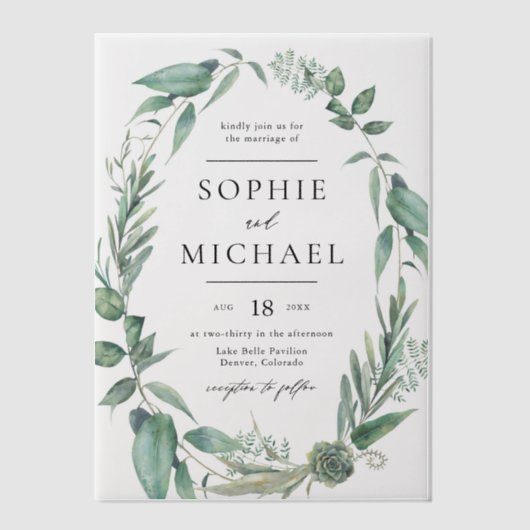 Boho Waterverf Greenery en Succulents Wedding Vellum Uitnodigingen (Voorkant)