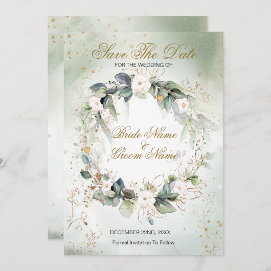 Boho Waterverf Greenery Floral Shiny Modern Save The Date (Voorkant / Achterkant)
