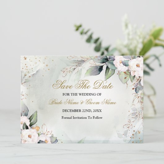 Boho Waterverf Greenery Floral Shiny Modern Save The Date (Staand voorkant)