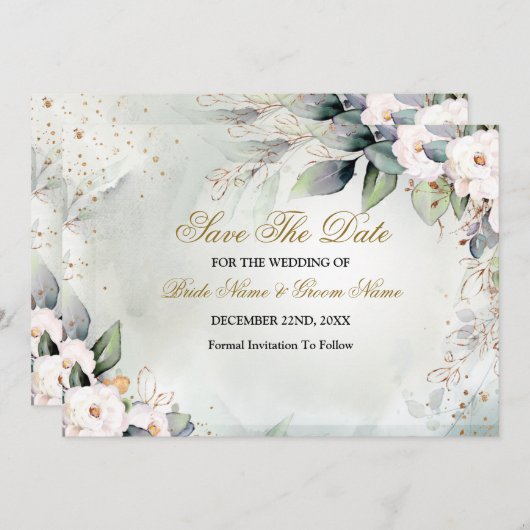 Boho Waterverf Greenery Floral Shiny Modern Save The Date (Voorkant / Achterkant)