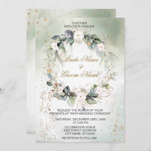 Boho Waterverf Groen Bloemen Moderne bruiloft Kaart (Voorkant / Achterkant)