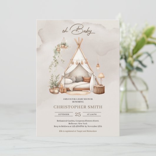 Boho waterverf groen en bruin baby tent neutraal kaart (Staand voorkant)