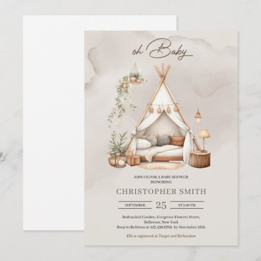 Boho waterverf groen en bruin baby tent neutraal kaart (Voorkant / Achterkant)