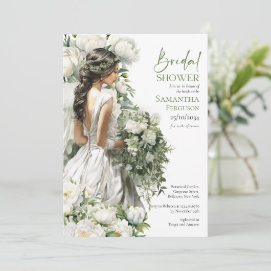 Boho waterverf groen en witte pioenen bruids kaart (Staand voorkant)