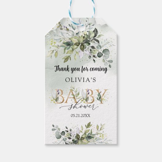 Boho waterverf groen gouden letters Baby shower Cadeaulabel (Voorkant)