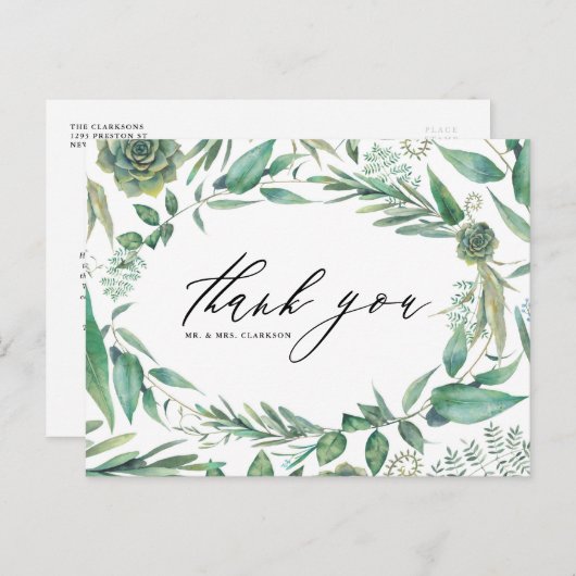 Boho Waterverf Groene Decor en Succulenten Bedankt Briefkaart (Voorkant / Achterkant)