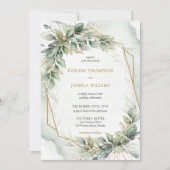 Boho Waterverf groene eucalyptus en gouden bruilof Kaart (Voorkant)