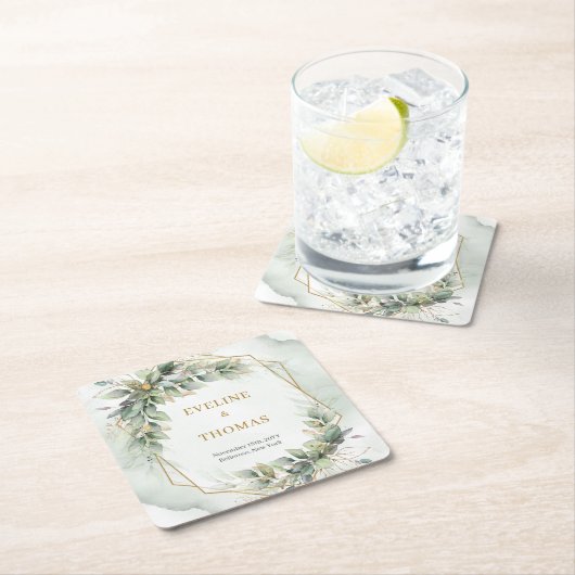 Boho waterverf groene eucalyptus en gouden bruilof kartonnen onderzetters (Insitu)