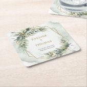 Boho waterverf groene eucalyptus en gouden bruilof kartonnen onderzetters (Schuin)
