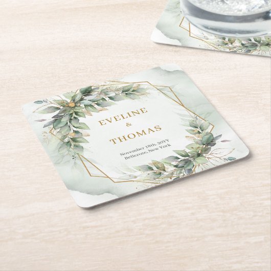 Boho waterverf groene eucalyptus en gouden bruilof kartonnen onderzetters (Schuin)