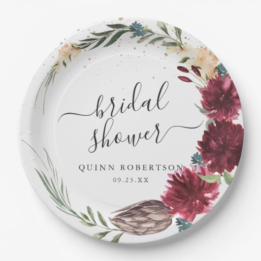 Boho Waterverf Herfst Bloem Bruidsdouche Papieren Bordje (Voorkant)