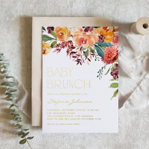 Boho Waterverf Herfst Bloemboeket Baby Brunch Folie Uitnodiging