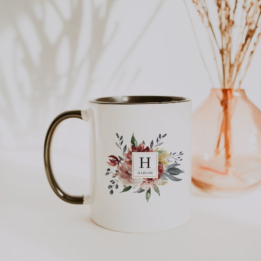 Boho-waterverf herfst bloemig monogram koffiemok mok
