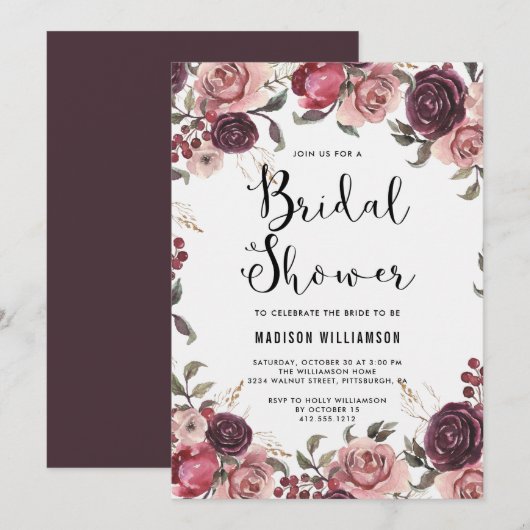 Boho Waterverf Herfst Burgundy Floral Vrijgezellen Kaart (Voorkant / Achterkant)