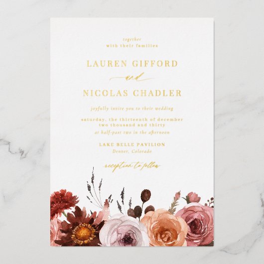 Boho Waterverf herfst flower Garland Fall Wedding Folie Uitnodiging (Voorkant)