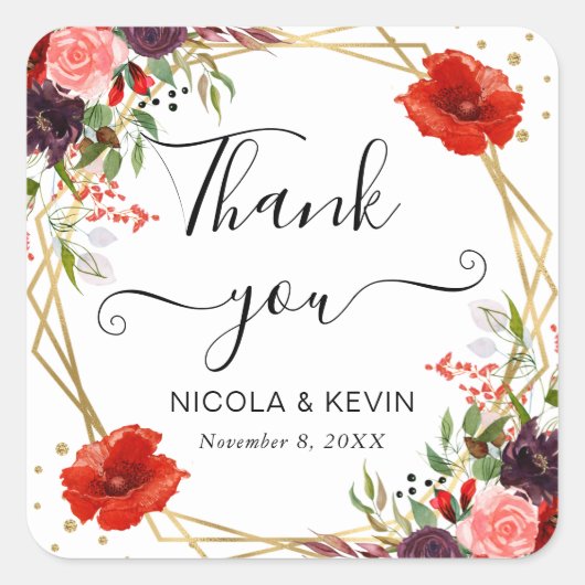 Boho Waterverf Herfst Flowers Gold Lijst Wedding Vierkante Sticker (Voorkant)