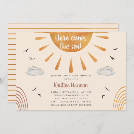 Boho Waterverf Hier komt het Baby shower van de Zo Kaart (Voorkant / Achterkant)