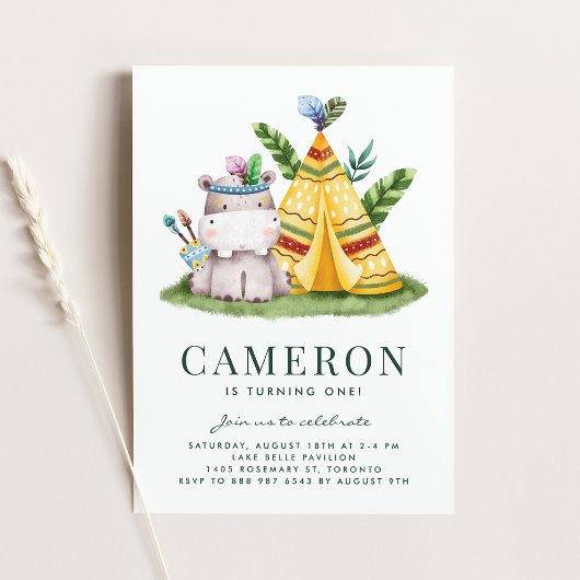 Boho Waterverf Hippo Tribal First Birthday Kaart