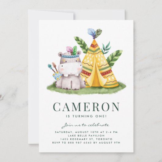 Boho Waterverf Hippo Tribal First Birthday Kaart (Voorkant)