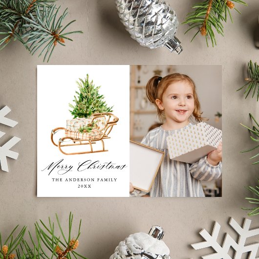Boho Waterverf Kerstslee Foto Feestdagenkaart