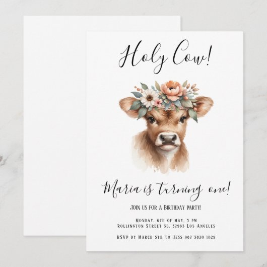 Boho Waterverf Koe Kids Verjaardagsfeest Kaart (Voorkant / Achterkant)