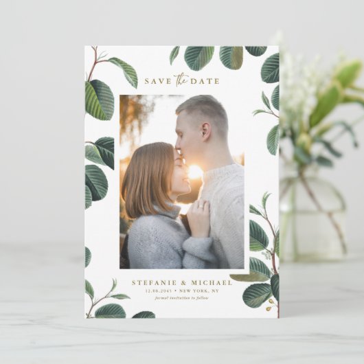 Boho Waterverf laat botanische witte foto achter Save The Date (Staand voorkant)