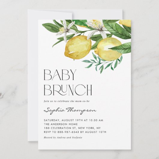 Boho Waterverf Lemon en Blooms Baby Brunch Kaart (Voorkant)