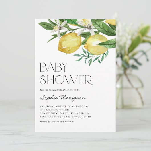 Boho Waterverf Lemon en Blooms Baby shower Kaart (Staand voorkant)