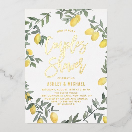 Boho Waterverf Lemon Wreath Couples Shower Folie Uitnodiging (Voorkant)