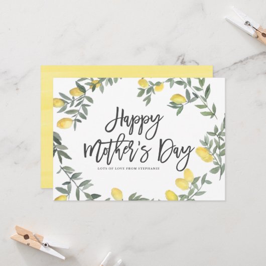 Boho Waterverf Lemon Wreath Happy Moederdag Kaart (Voorkant / Achterkant in situ)