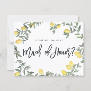 Boho Waterverf Lemon Wreath Maid of Honor Kaart