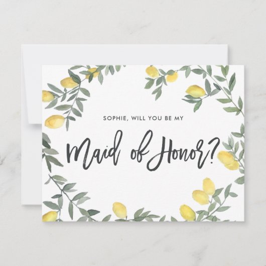 Boho Waterverf Lemon Wreath Maid of Honor Kaart (Voorkant)
