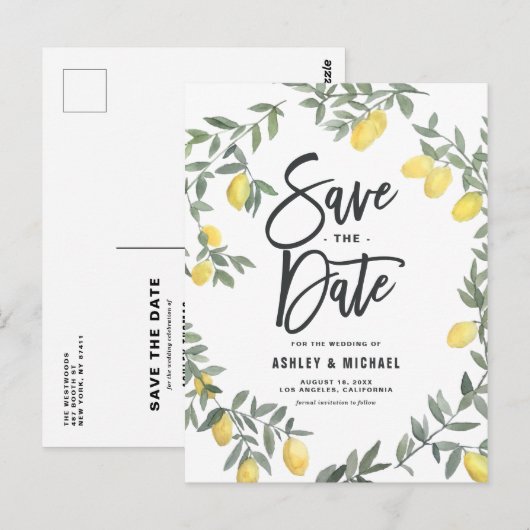 Boho Waterverf Lemon Wreath Save the Date Briefkaart (Voorkant / Achterkant)