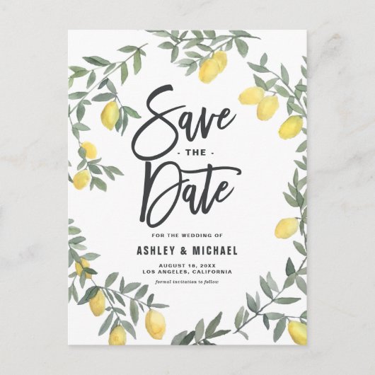 Boho Waterverf Lemon Wreath Save the Date Briefkaart (Voorkant)