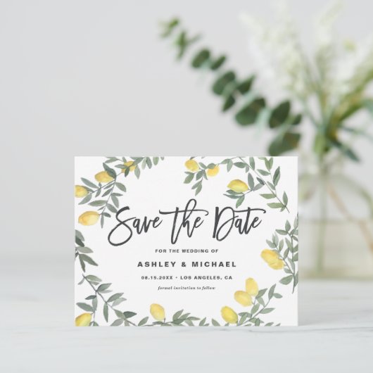 Boho Waterverf Lemon Wreath Summer Save the Date Briefkaart (Staand voorkant)