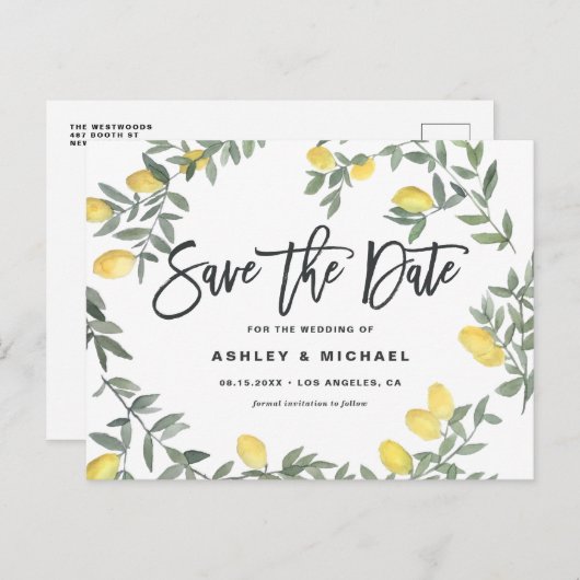 Boho Waterverf Lemon Wreath Summer Save the Date Briefkaart (Voorkant / Achterkant)