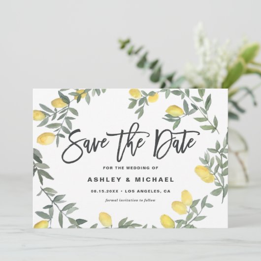 Boho Waterverf Lemon Wreath Summer Wedding Save The Date (Staand voorkant)