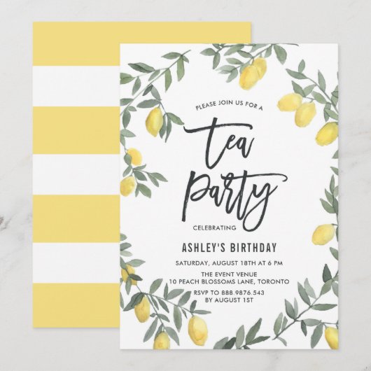 Boho Waterverf Lemon Wreath Tea Party Invitation Kaart (Voorkant / Achterkant)