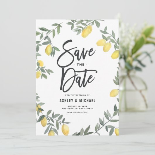 Boho-waterverf lemonenkrans save the date (Staand voorkant)