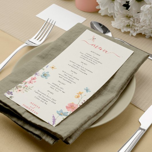 Boho waterverf lente zomer bloemige bruiloft menu