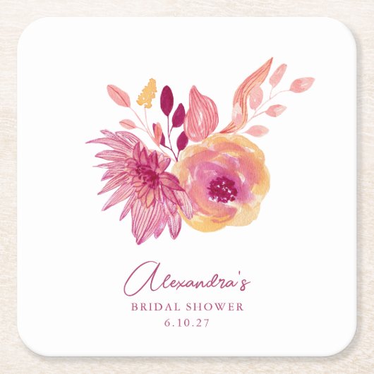 Boho Waterverf Magenta Rode Bloemen Bruiloft Kartonnen Onderzetters (Voorkant)