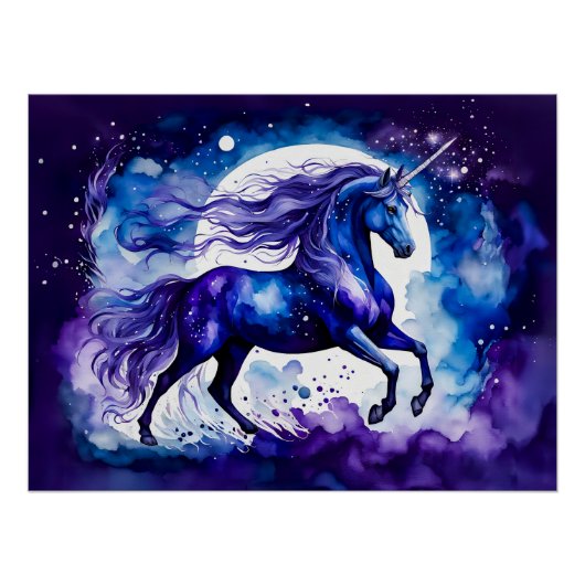 Boho Waterverf majestueuze blauwe eenhoorn onder s Perfect Poster (Voorkant)