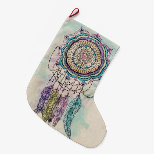 Boho Waterverf Mandala Dreamcatcher Grote Kerstsok (Voorkant (Hangend))
