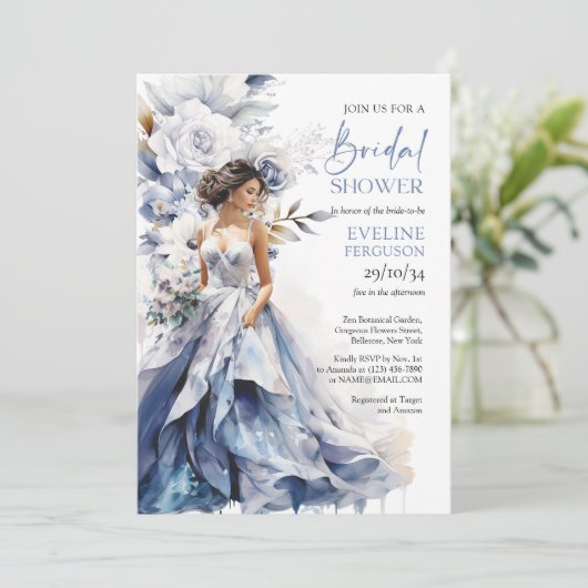 Boho waterverf marine en witte bloem bruidsjurk kaart (Staand voorkant)