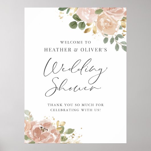 Boho Waterverf Mauve Peach Bloemen Trouwdouche Poster (Voorkant)