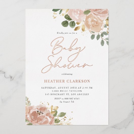 Boho Waterverf Mauve Peach Flowers Baby shower Folie Uitnodiging (Voorkant)