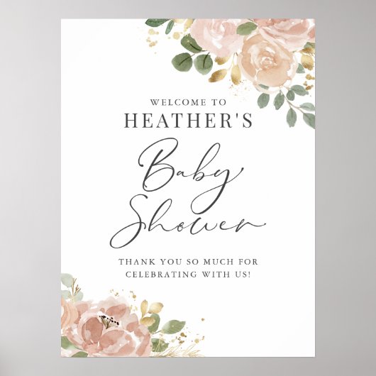 Boho Waterverf Mauve Peach Flowers Baby shower Poster (Voorkant)