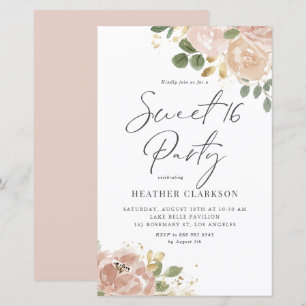 Boho Waterverf Mauve Peach Flowers Sweet 16 Party